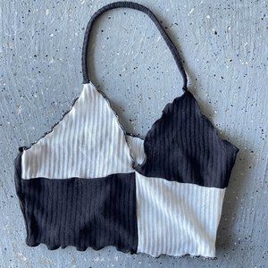 Black & White Cropped Halter Top - Size Small